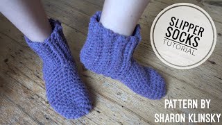 Crochet Slipper Socks by Sharon Klinsky  a basic tutorial [upl. by Elburt]