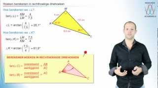 Tangens  hoeken berekenen in rechthoekige driehoeken  WiskundeAcademie [upl. by Ewall]