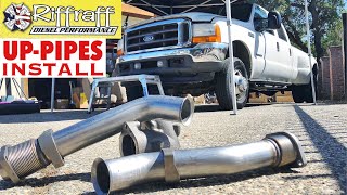 2001 F350 73  RiffRaff UpPipes Install  Stock up pipes leaking and falling apart JUNK SP [upl. by Barris516]