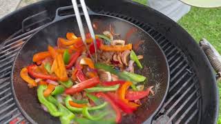 Steak Fajitas in Lodge Cast Iron Wok on a Weber Kettle Grill [upl. by Sculley]